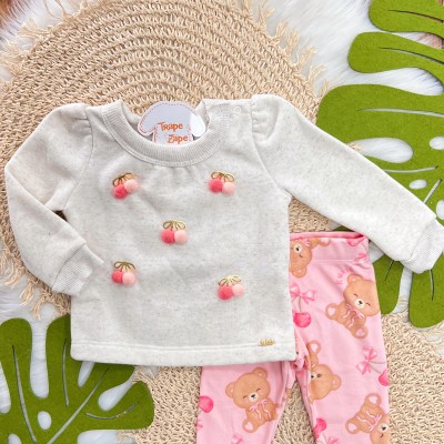 Conj. Casaco de Linho Pompons e Calça Legging em Plush - Areia e Rosa